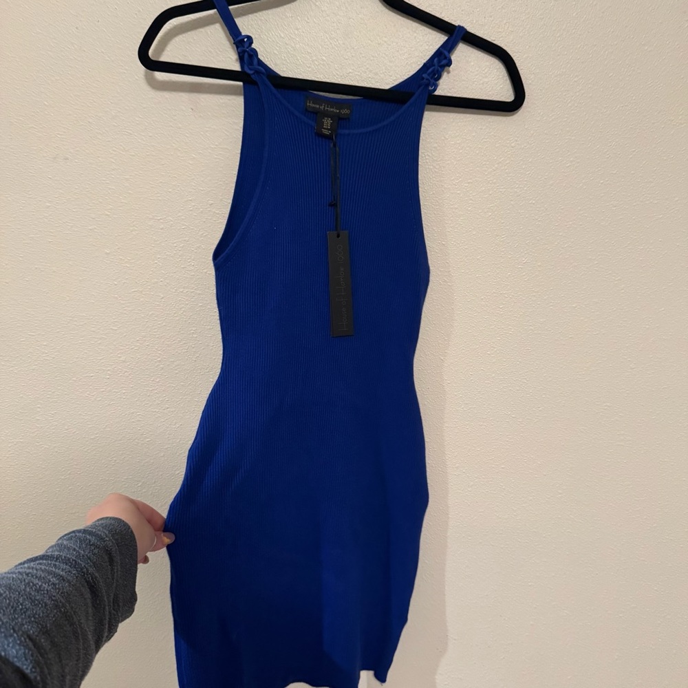 House of Harlow 1960 Cobalt Blue Ribbed Tank Dress with Braided Straps